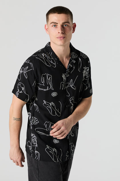 Line Drawing Print Button-Up Short Sleeve Top