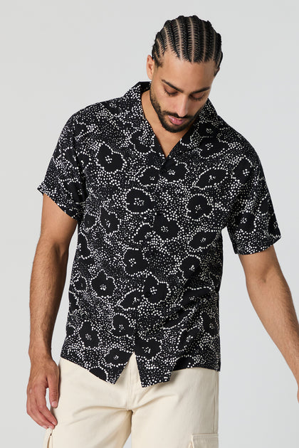 Black and White Print Short Sleeve Button-Up Top