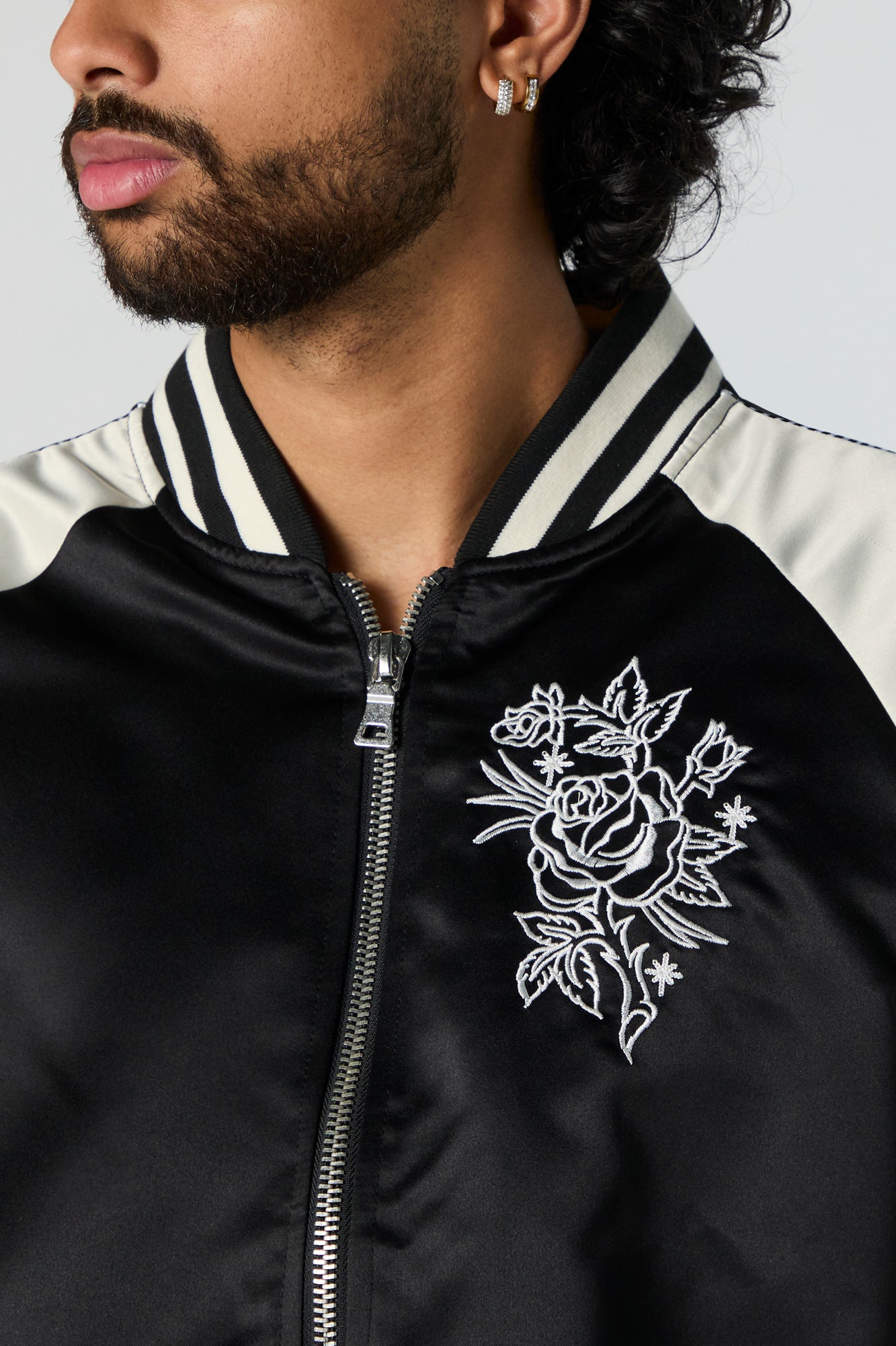Satin Rose Embroidered Bomber Jacket