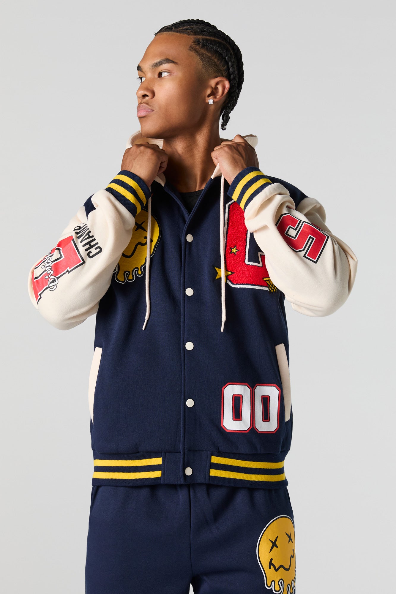 Melted Smiley Embroidered Fleece Varsity Jacket