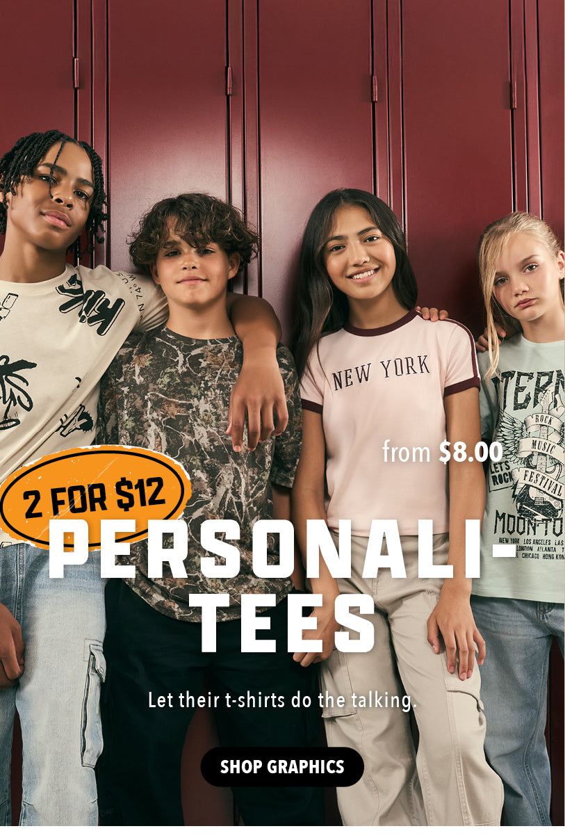 Personali-Tees. Let their t-shirts do the talking. Shop Graphics. 