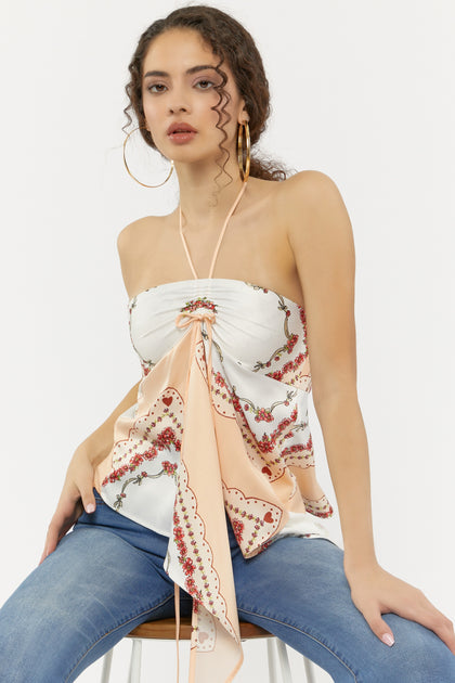 Printed Ruched Front Tie Halter Top – Urban Planet