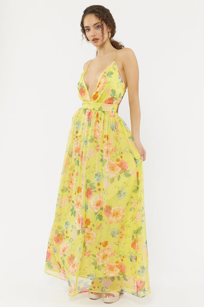 Yellow Floral Deep V-Neck Maxi Dress