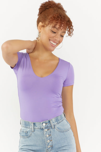 Purple V-Neck Contour Short Sleeve Bodysuit