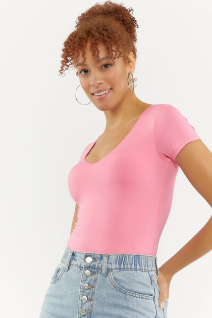 Pink V-Neck Contour Short Sleeve Bodysuit