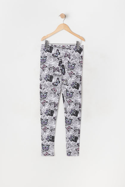 Girls Soft Newspaper And Butterfly Print Legging – Urban Planet