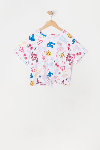 Girls Front Tie Emoji Print T-Shirt