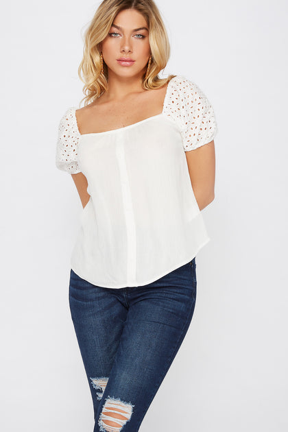 Eyelet Puff Sleeve Button Blouse