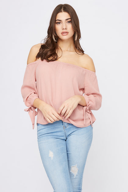 Off the Shoulder Self-Tie Long Sleeve Blouse
